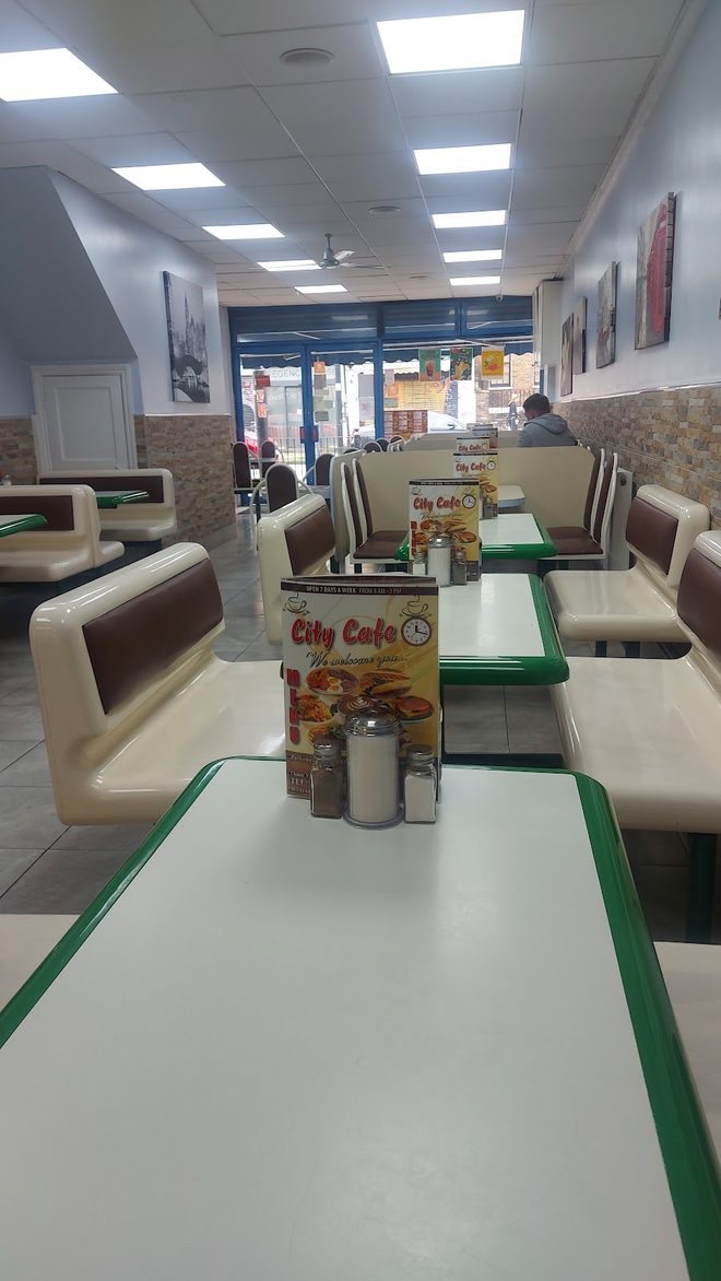 Booth seating running down the length of the cafe