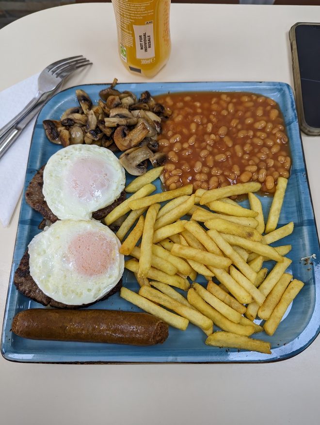 A tray of fried eggs, chips, sausages, mushrooms and beans